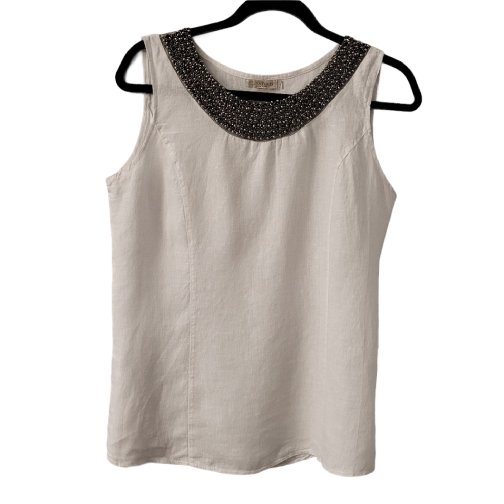 Italian Linen Tank Top Sz Lg Beaded Neck Soft Cotton Side Panels